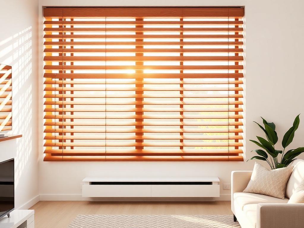Natural wood horizontal blinds in contemporary living room with warm sunlight