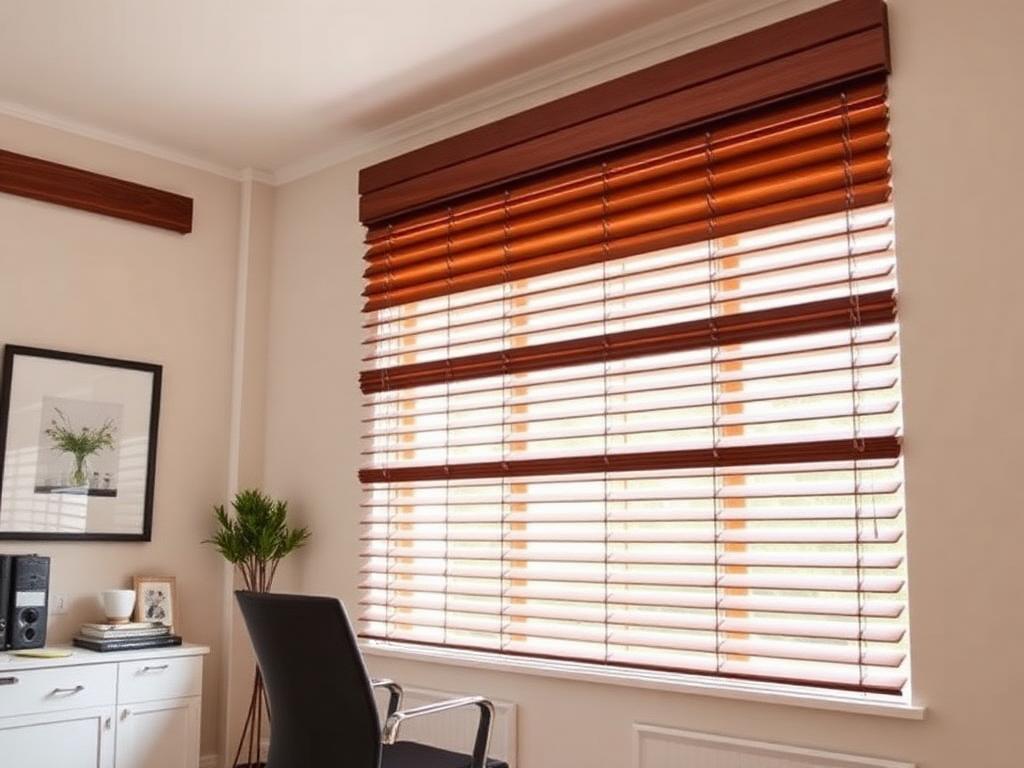 Elegant wood blinds with rich walnut finish in home office