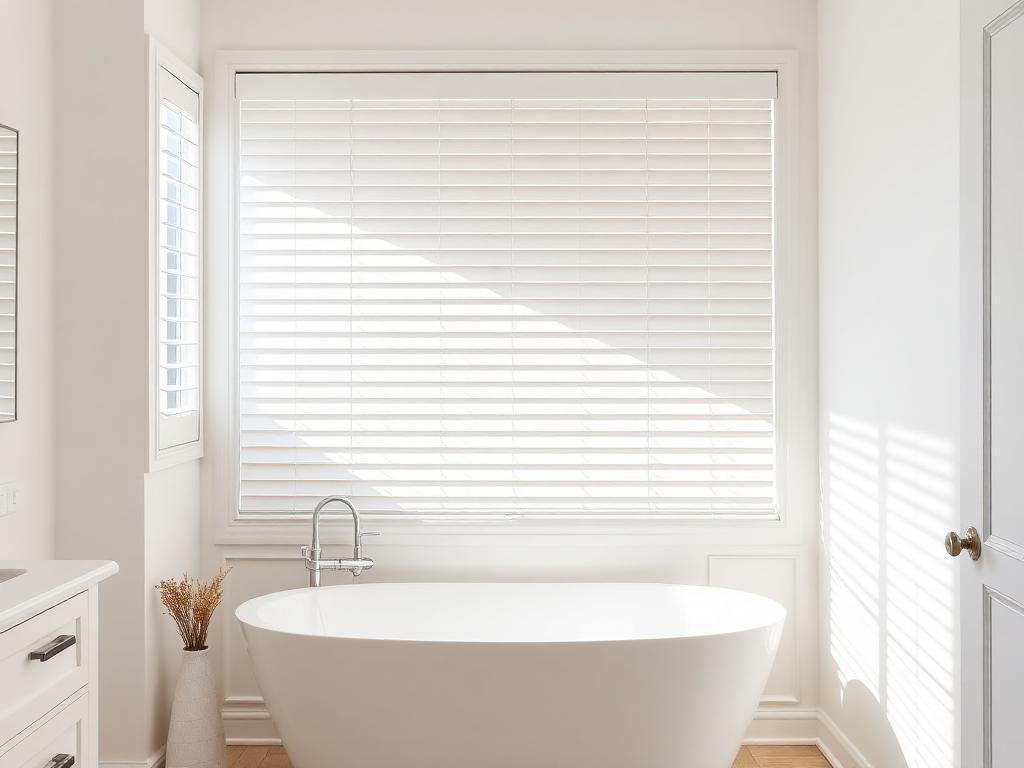 White faux wood blinds above bathtub in modern bathroom