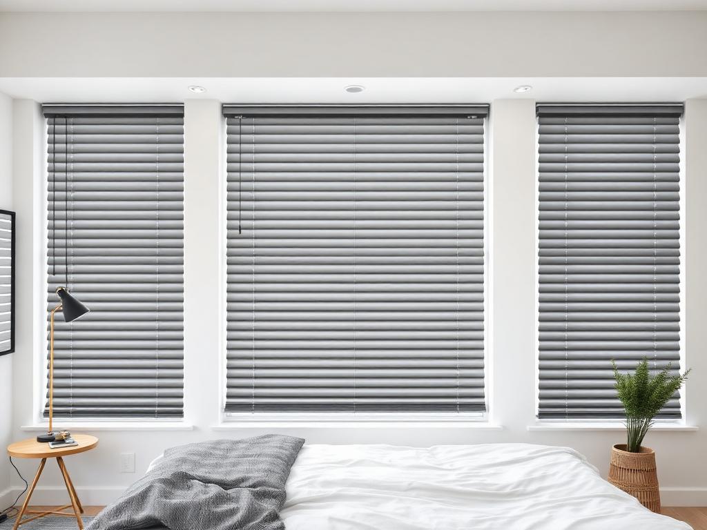 Gray aluminum cordless blinds in contemporary bedroom