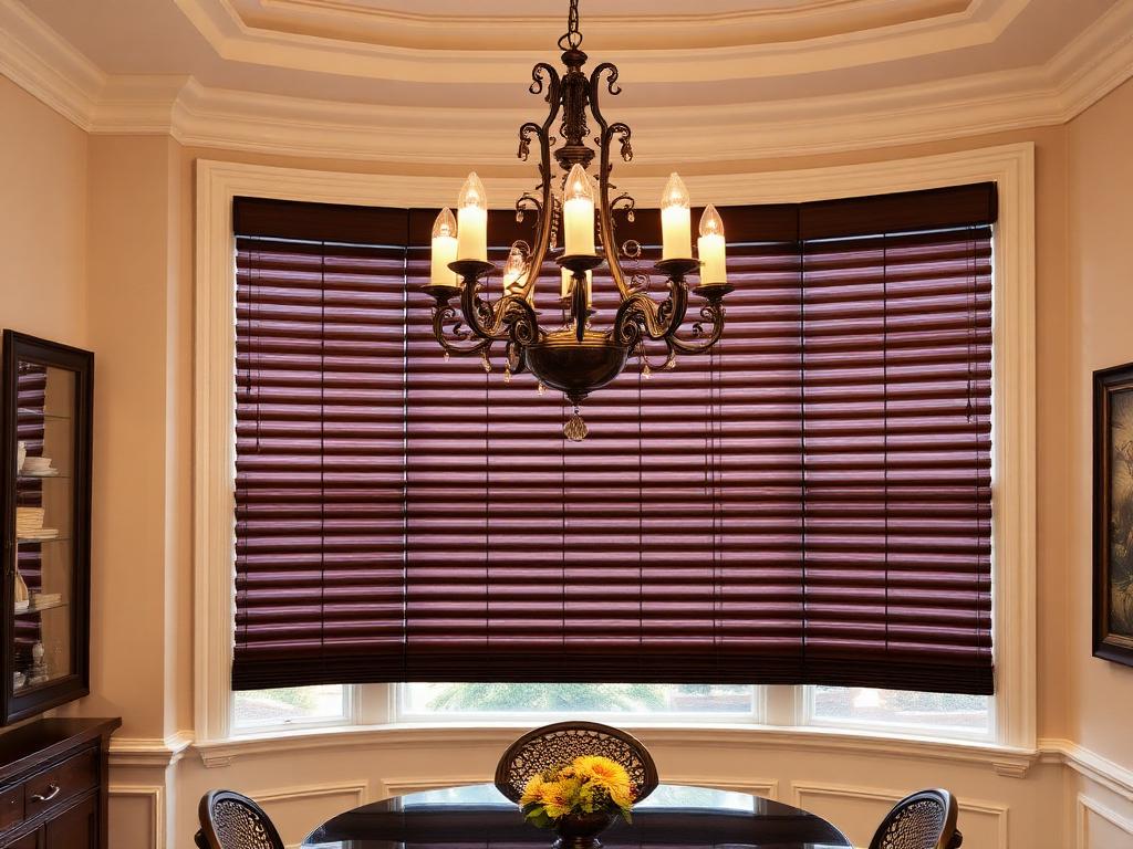 Dark wood blinds in elegant dining room with chandelier