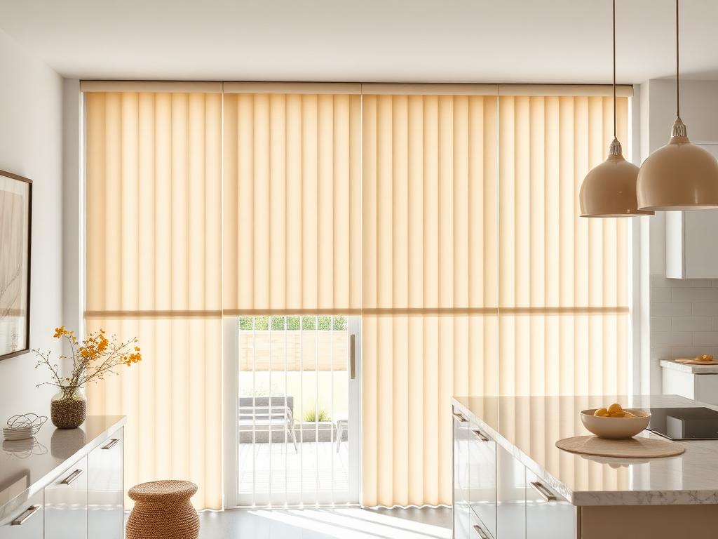 Beige vertical blinds on patio door in modern kitchen