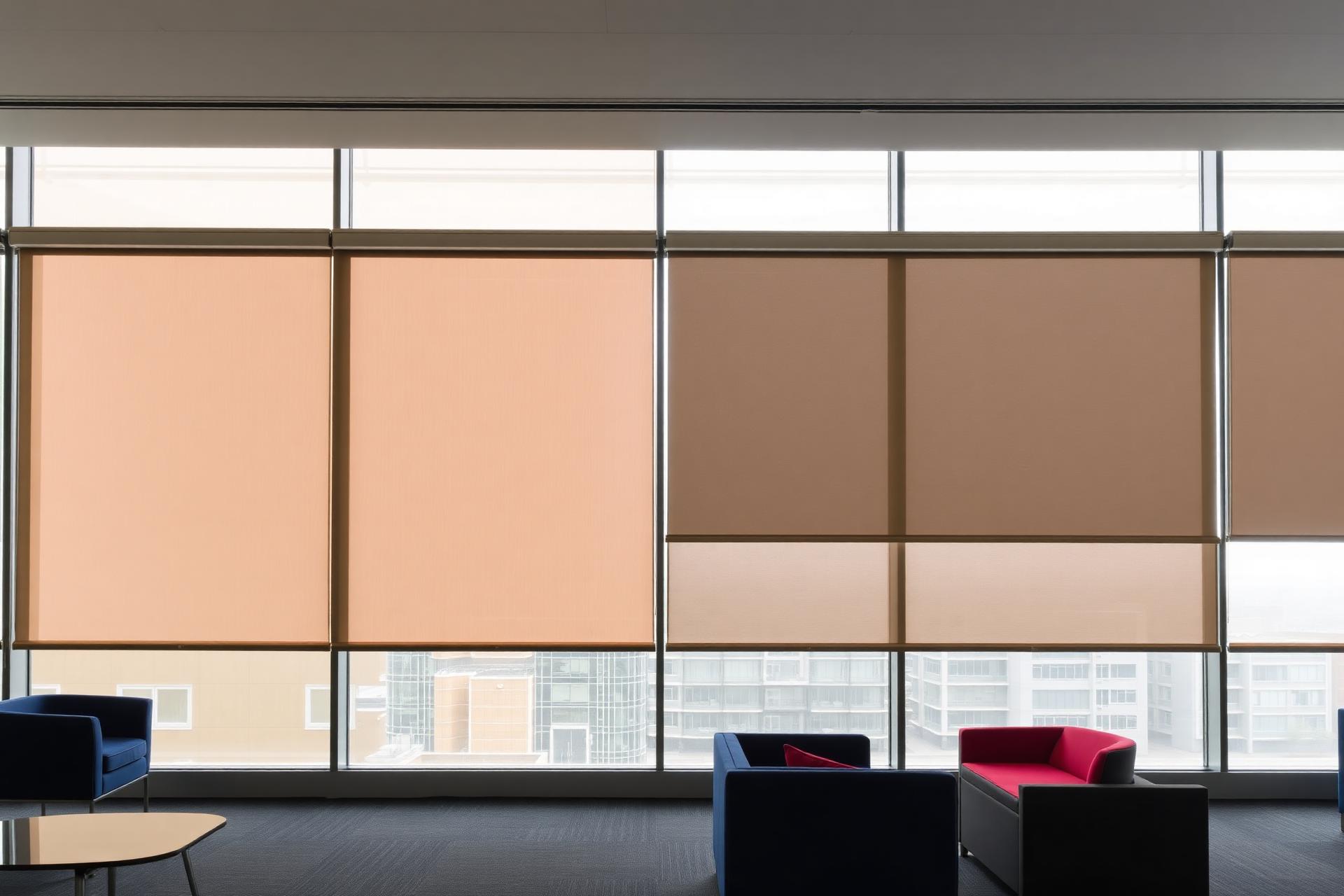 Modern Cincinnati commercial office lobby with floor-to-ceiling motorized roller shades by Blinds Plus