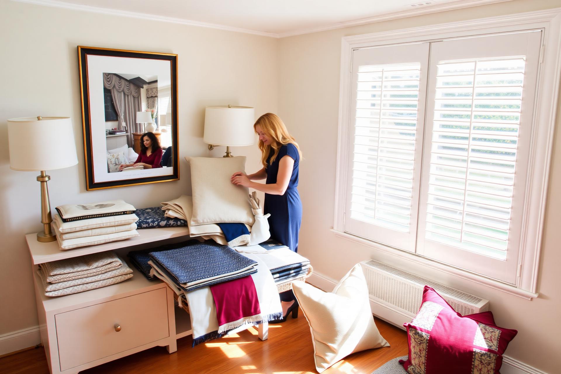 Interior designer styling fabric, drapery, and pillows next to plantation shutters in a Cincinnati home