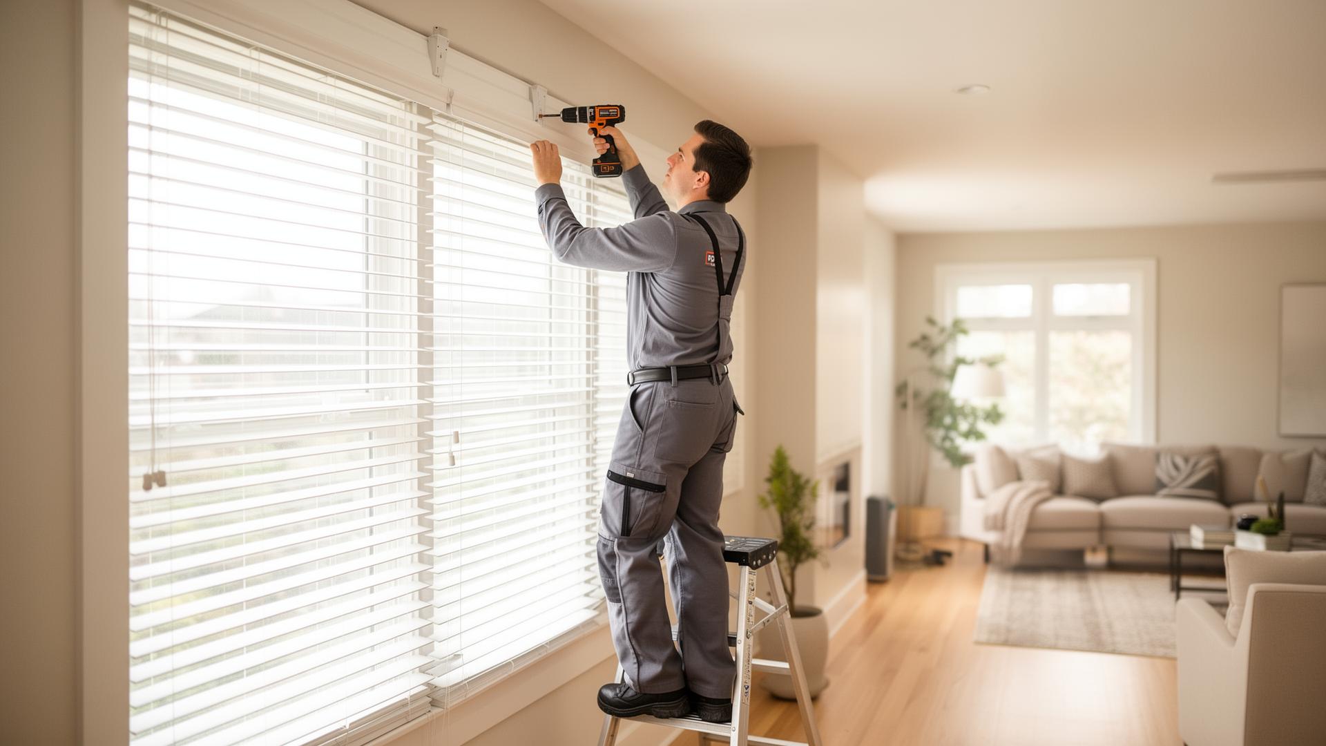 Professional Blinds Plus installer mounting custom white wood blinds in a Cincinnati home