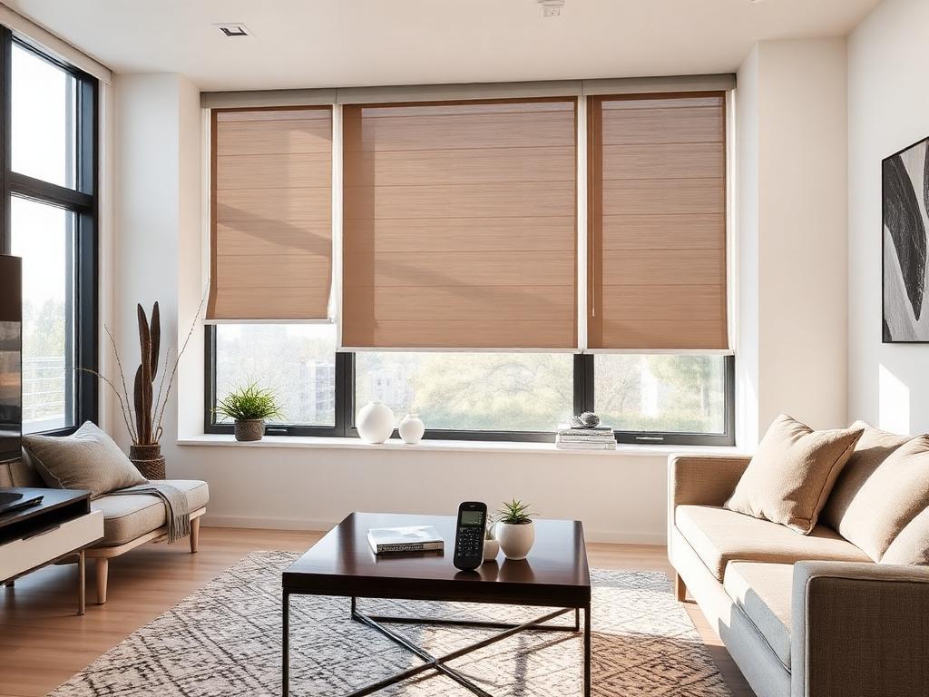 Motorized roller shades with remote control in modern living room