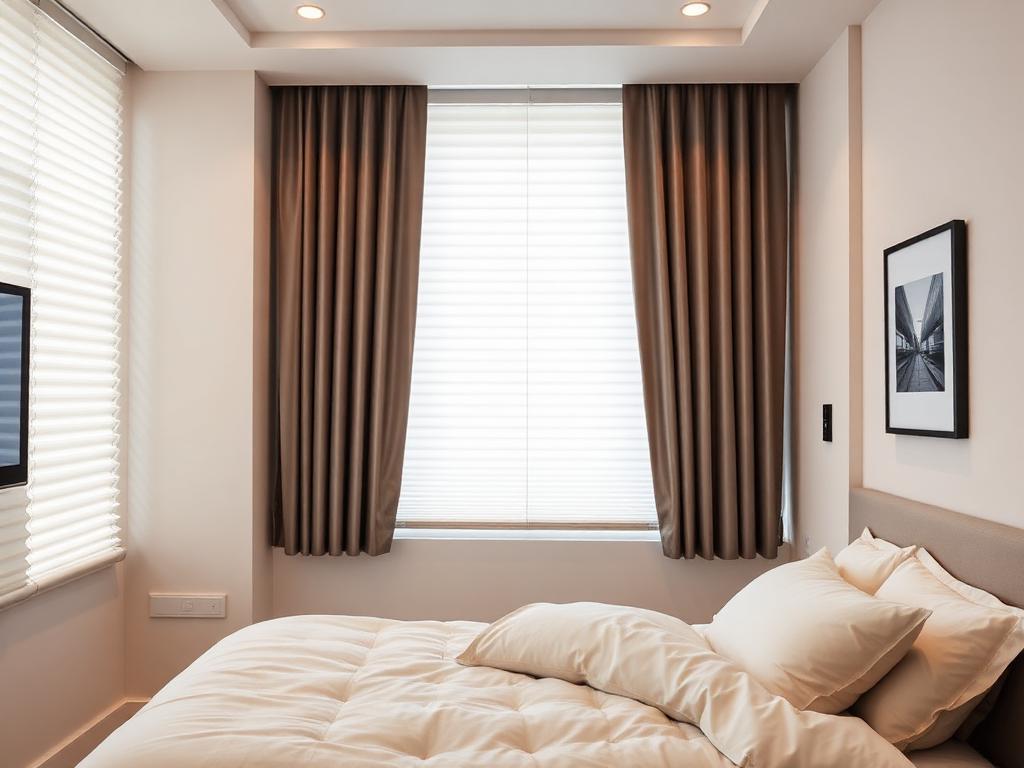 Smart motorized honeycomb shades with wall control panel in bedroom