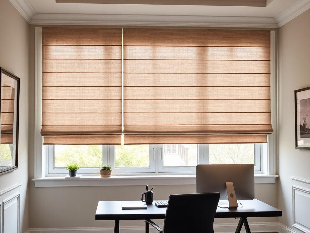 Motorized roman shades in elegant home office with smart control