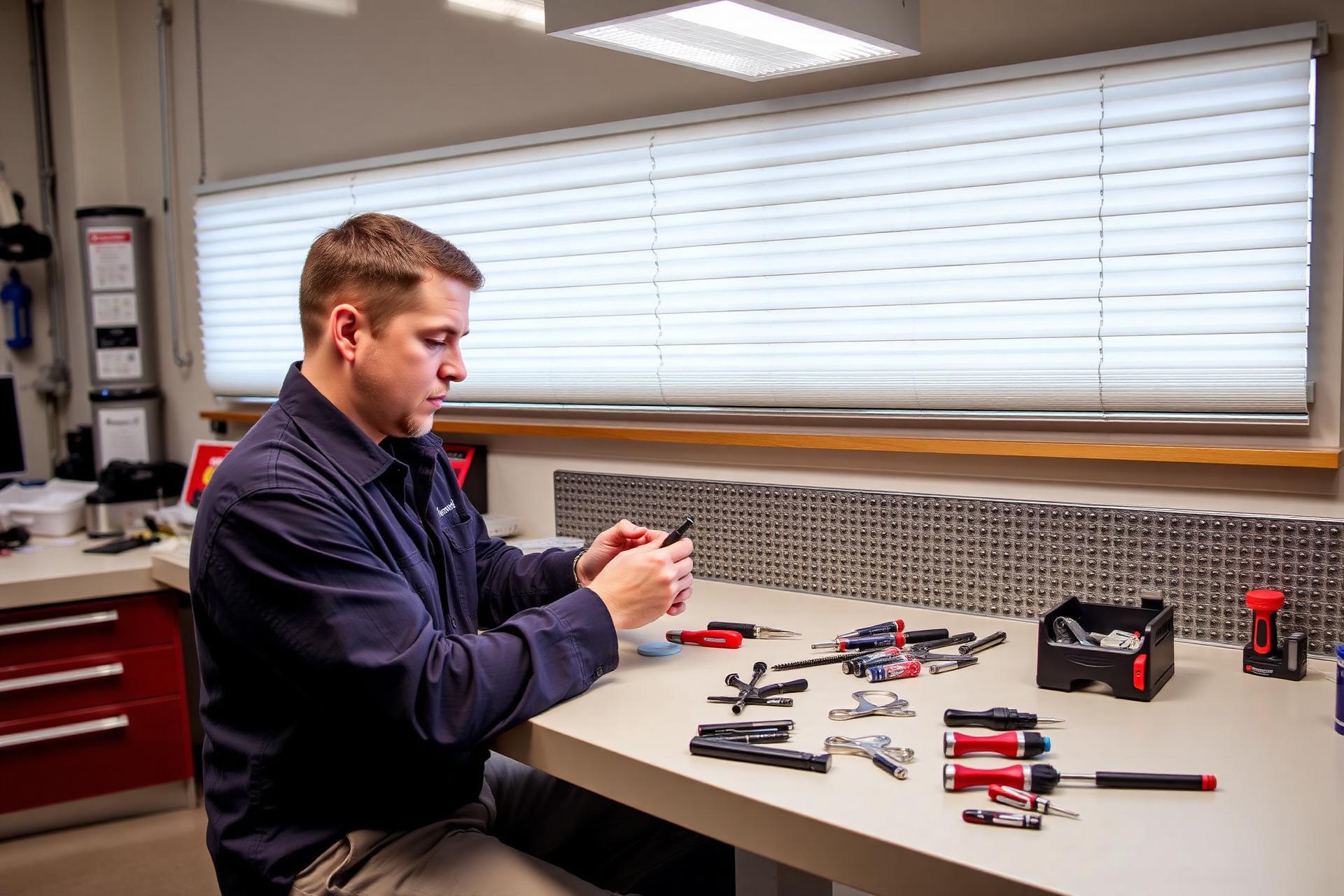 Blinds Plus repair technician restringing a Hunter Douglas® honeycomb shade at the Cincinnati workbench
