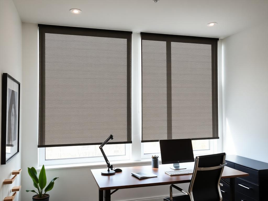 Modern dual roller shades in home office