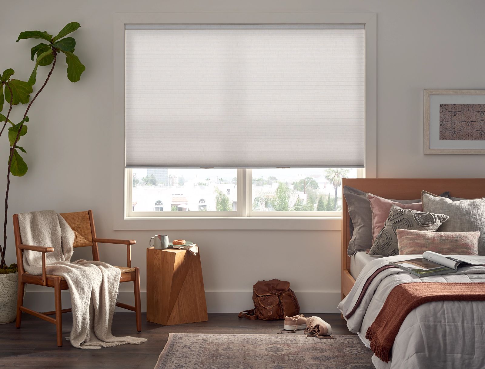 Light filtering shades in bedroom