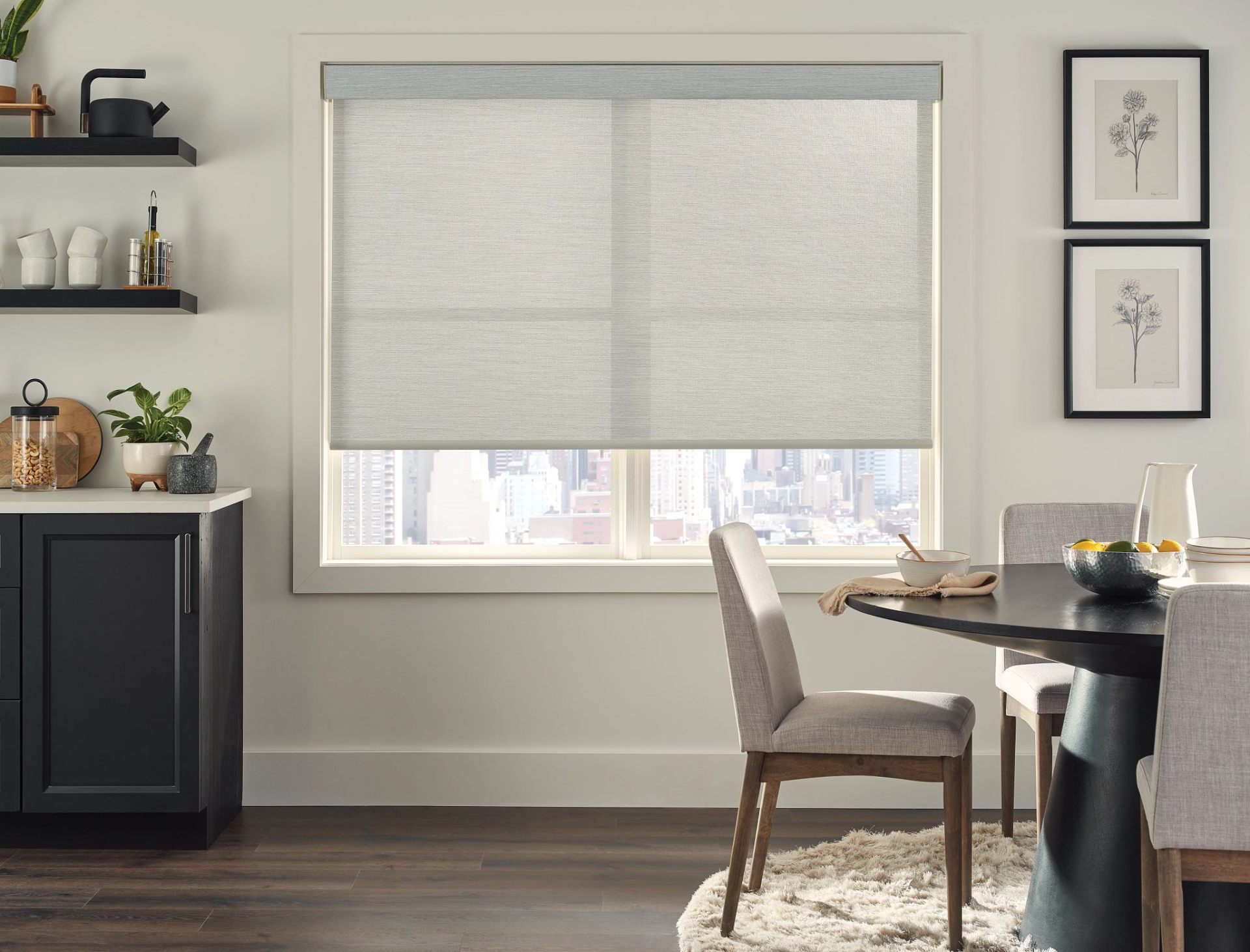 Roller shades in dining area