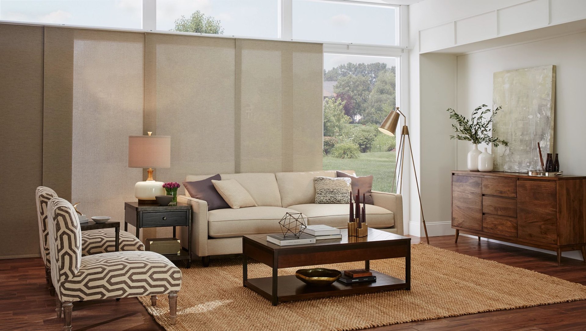 Panel track shades in living room