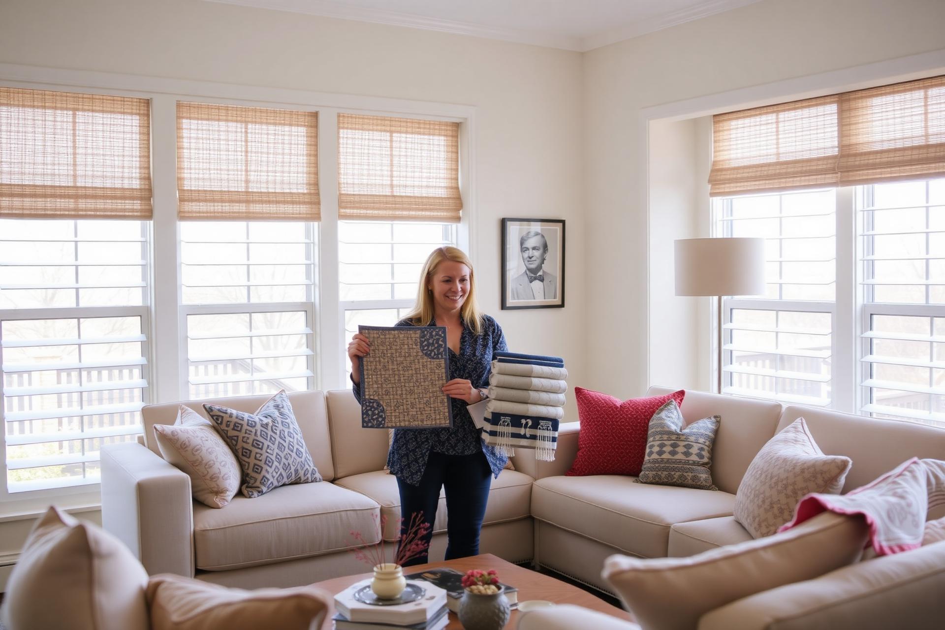 Blinds Plus design consultant presenting fabric and blind samples in a Cincinnati living room