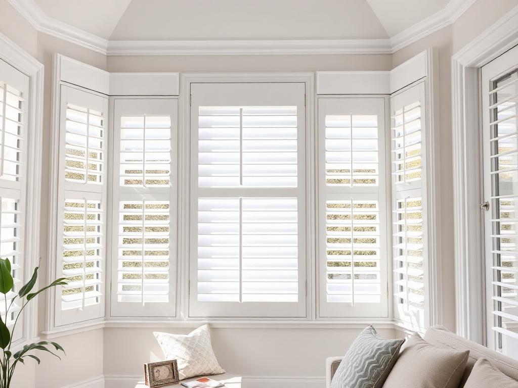 White plantation shutters in sunroom