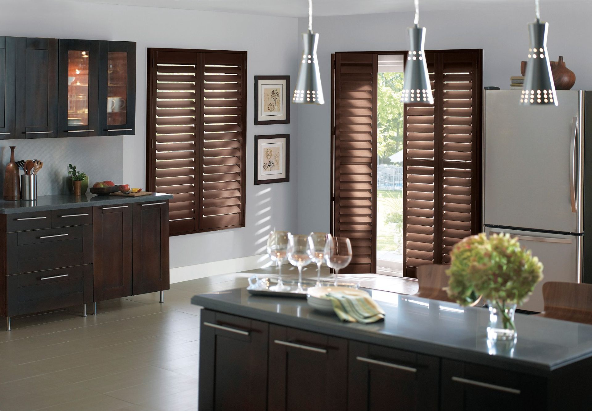 Dark wood shutters in modern kitchen