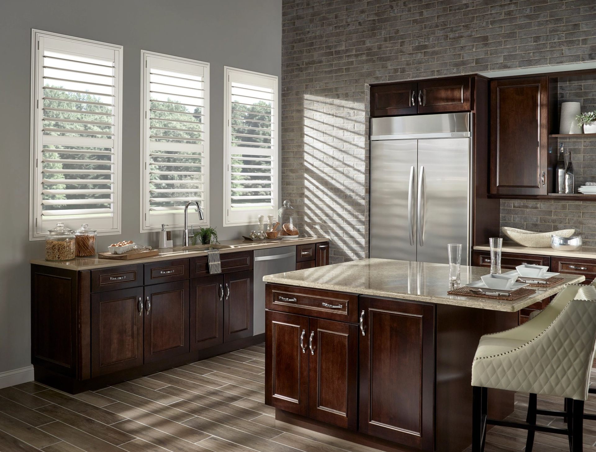 White plantation shutters in contemporary kitchen
