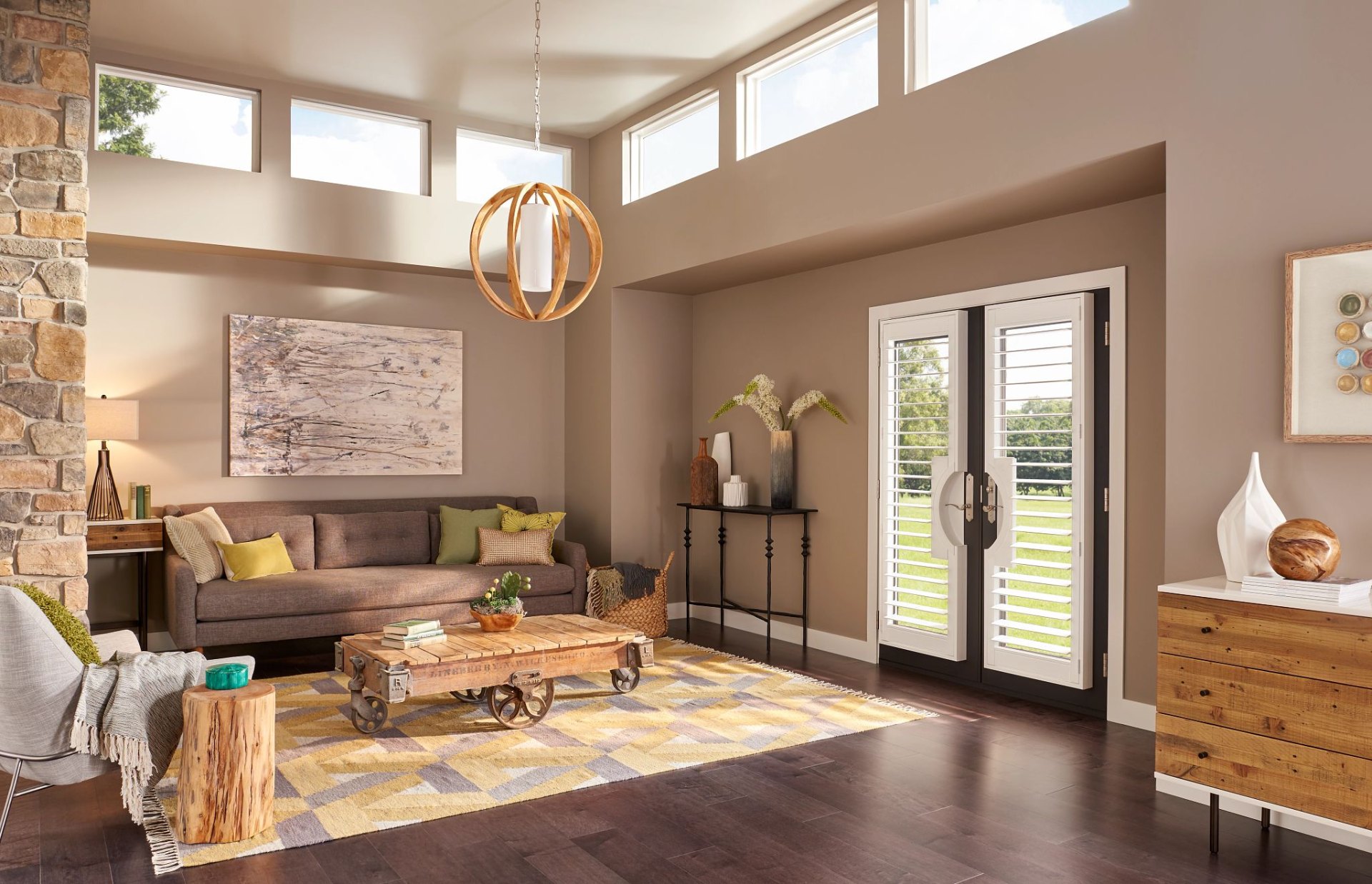 French door plantation shutters in living room