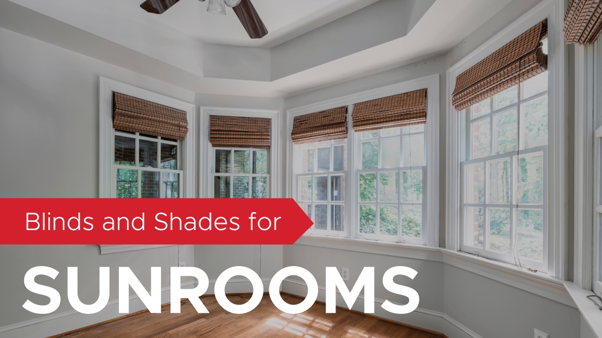 Windows in a rounded sunroom allow bright light in text reads blinds and shades for sunrooms