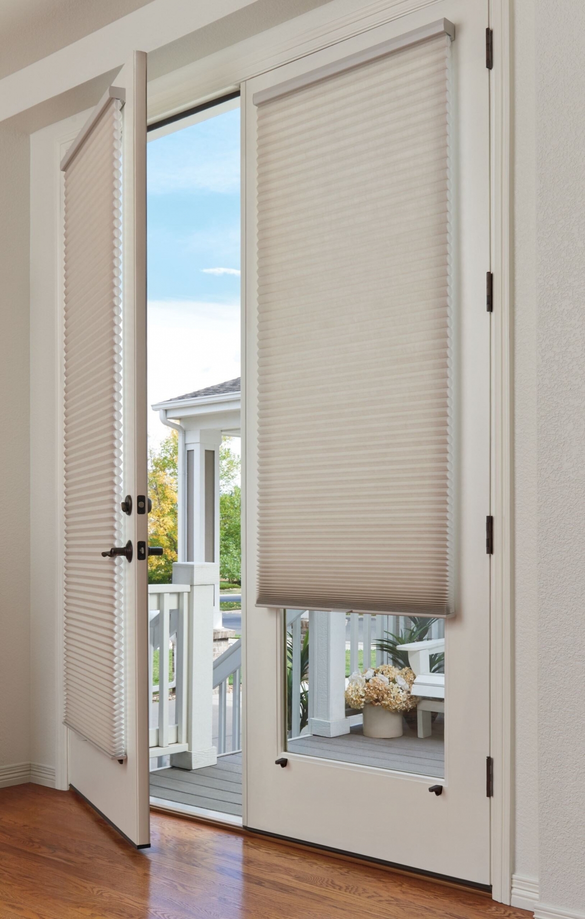 Cellular shades on a french door