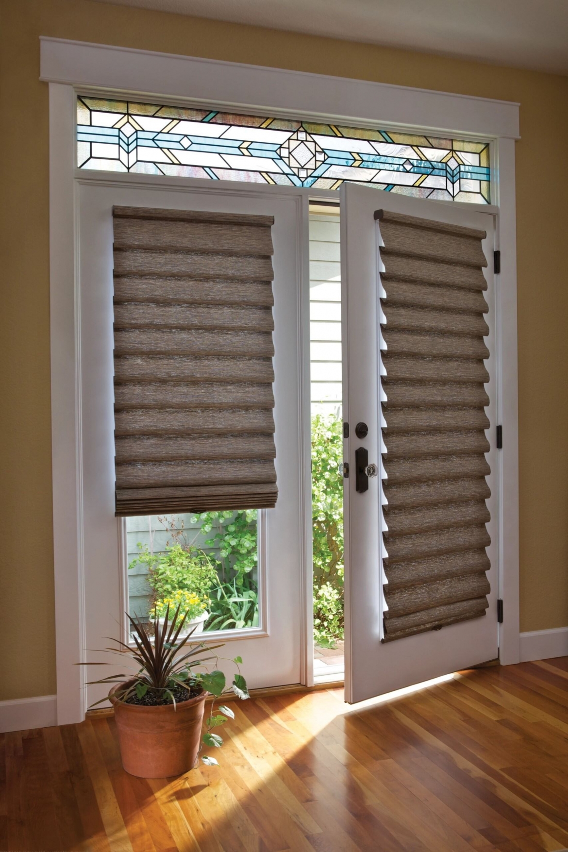 french doors with roman shades