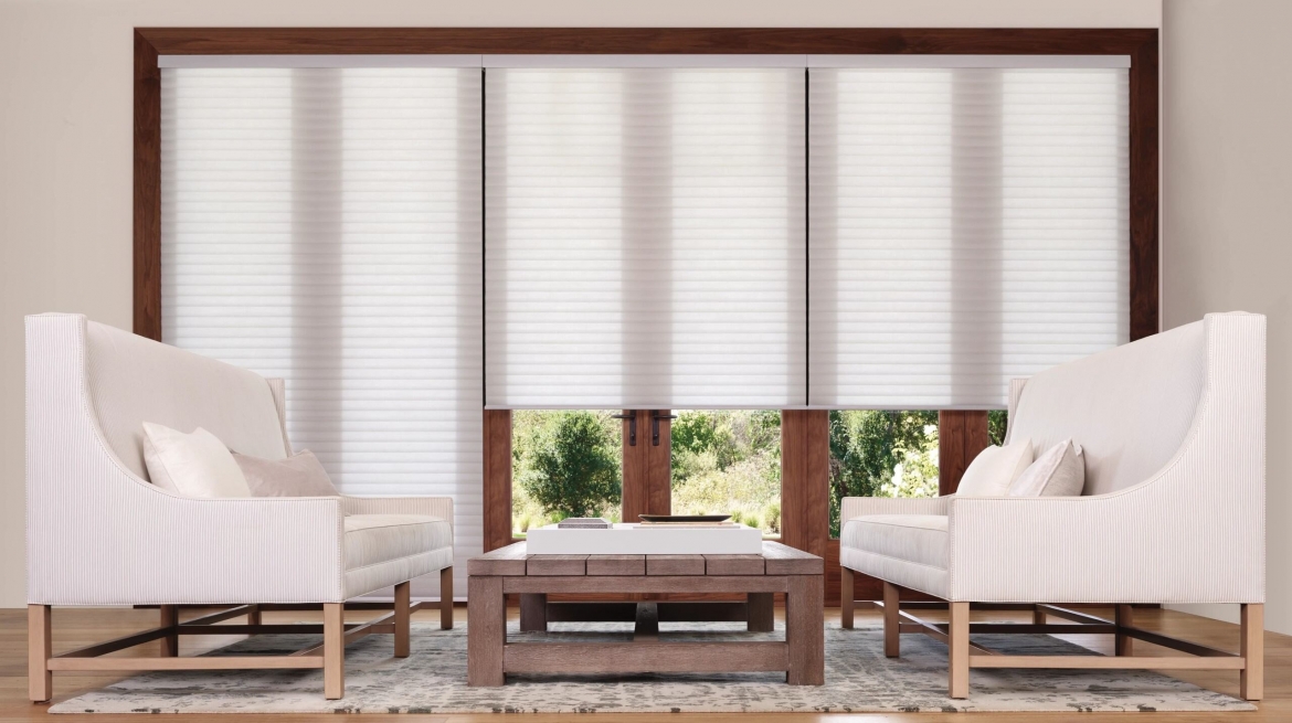 a living room with two couches and a coffee table in between behind are french doors covered by roller shades